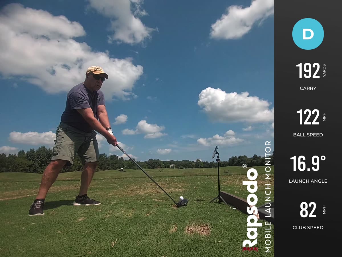 Golfer at address with a driver next to Rapsodo MLM2PRO shot data