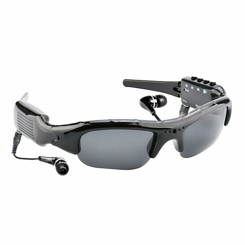 Black polarized camera sunglasses with plug-in earphones