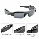 Camera sunglasses close-ups: function keys, microSD card slot, USB and headphone jack