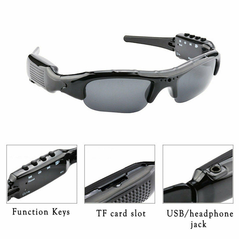 Camera sunglasses close-ups: function keys, microSD card slot, USB and headphone jack